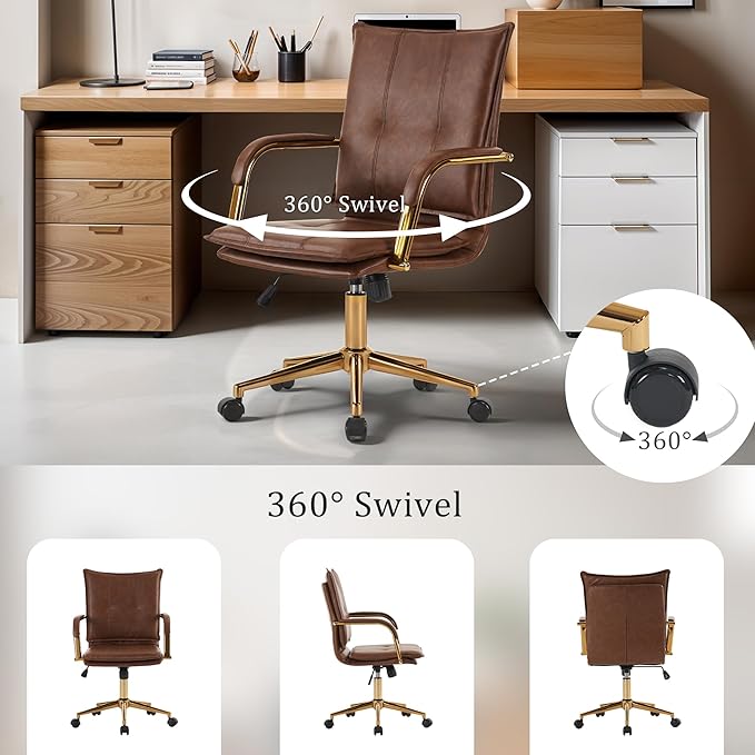 MOJAY Mid-Back Ergonomic Leather Office Desk Chair, Modern Upholstered Computer Chair, Executive Office Chair with Arms, Swivel Adjustable Rolling Chair with Gold Base (Brown)