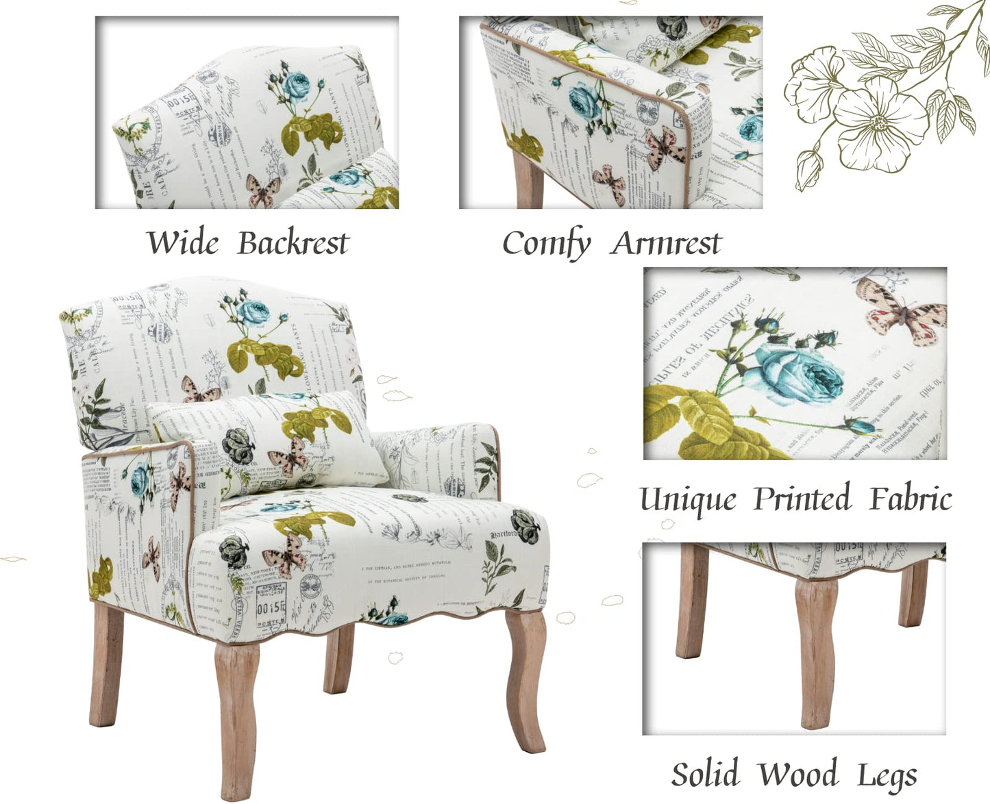 Shunzhi Mid Century Accent Chairs Set of 2Modern Floral Armchair Upholstered Reading Chair Comfy Linen Single Sofa Chair with Pillow for Bedroom/Living Room/Fireplace, Beige, Butterfly Pattern, 2PCS