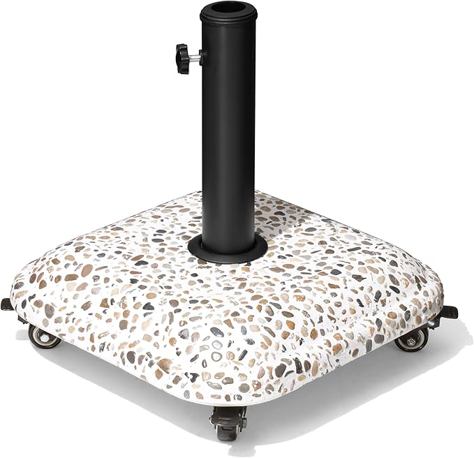 VredHom 45lbs Patio Umbrella Base with 4 Wheels, Square Cobblestone Concrete Stand, Heavy Duty Market Umbrella Stand for Outdoor