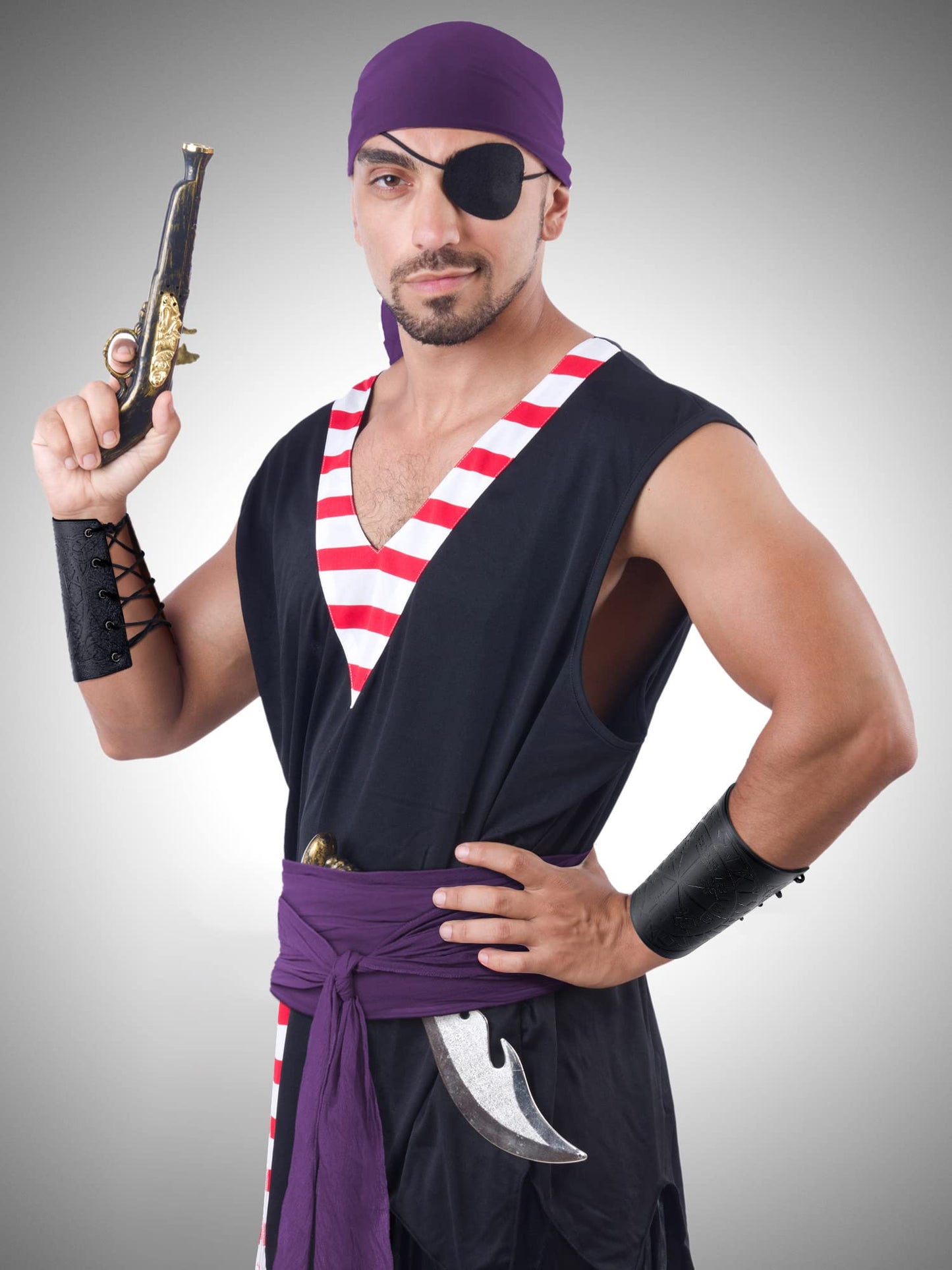 Bencailor 4 Pcs Pirate Costume Men Women Pirate Bandana Sash Belt Hat Accessories Cosplay Masquerade(Medium,Black, Dark Purple)