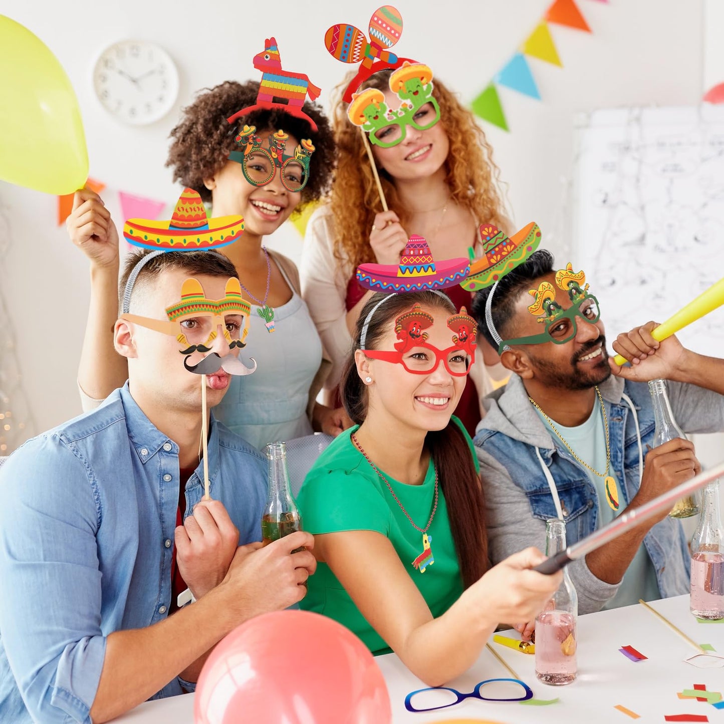 Hotop 36 Pcs Fiesta Party Decorations Sombrero Paper Hat Headbands Bead Necklaces Eyeglasses for Cinco De Mayo Mexican Party Supplies