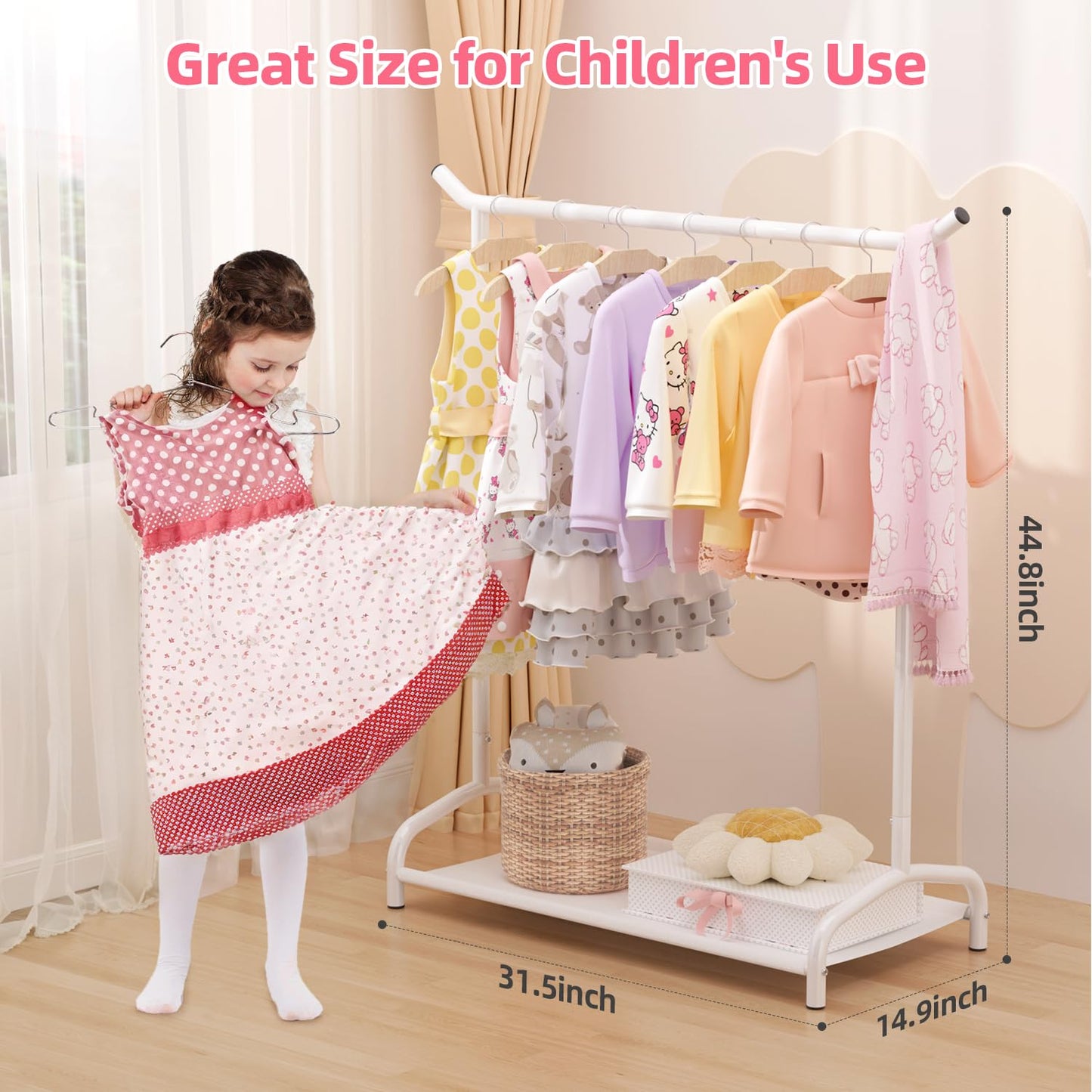 EAGMAK Kids Clothing Rack, Baby Clothes Rack with Bottom Storage Shelf, Kids Dress Up Rack for Little Girls, Metal Coat Rack Toddler Closet Organizer, Costume Garment Rack for Hanging Clothes (White)