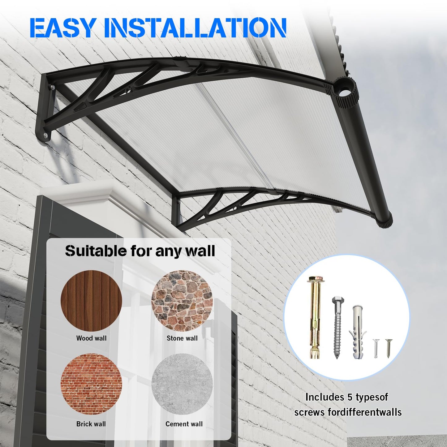 GGNEBAI Awning for Door Entrance 40x80 Inch,Awnings for Doors with Separate Drainage,Front Door Awning Exterior,Polycarbonate UV, Rain, and Snow Protection for Porch,Patio,Window,Deck