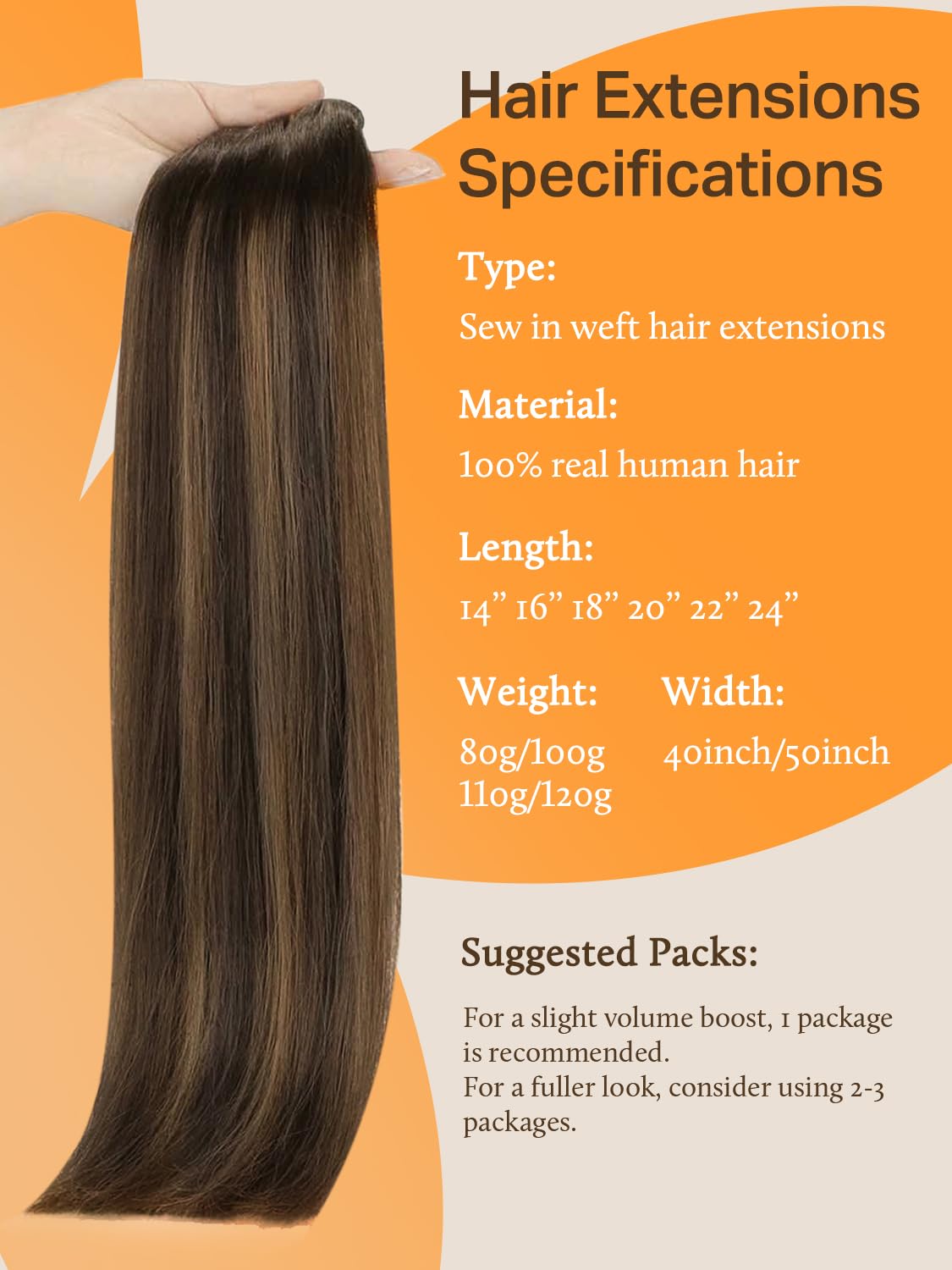 DOORES Sew in Hair Extensions 22 Inch 110g Balayage Dark Brown to Chestnut Brown, Remy Human Hair Extensions Sew in Full Head Lo