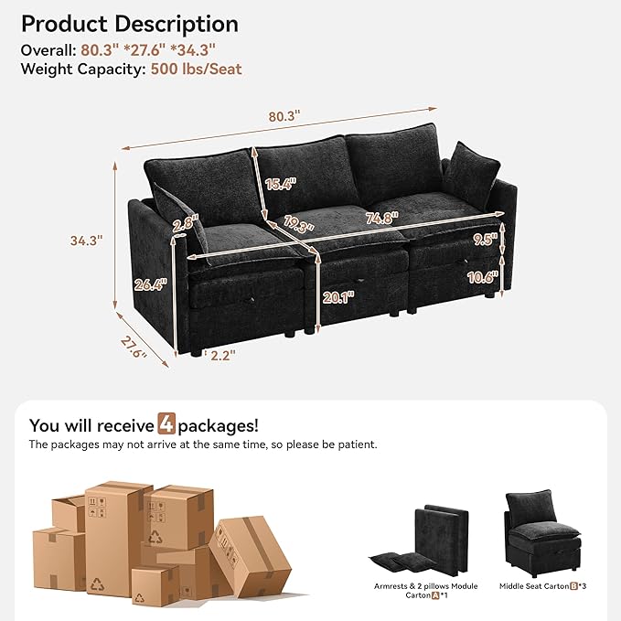80" Cloud 3 Seater Sectional Modular Couch with Storage, Upholstered Storage Sofa Modern Couch Deep Seat, Chenille Convertible Sofa Comfy Couches with Armrests for Living Room, Small Space, Black