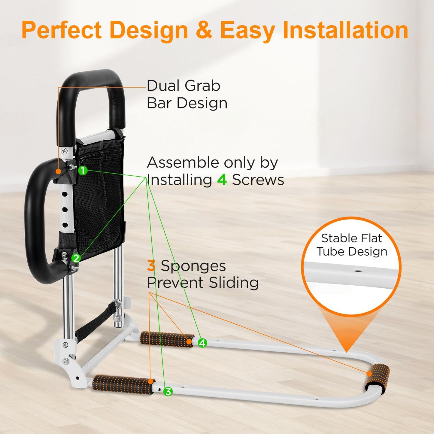Ojiud Foldable Bed-Rails for Elderly Adults Safety with LED Night Light and Three Storage Pockets, Adjustable Bed-Assist-Rails for Seniors,Portable & Sturdy Grab Bar Bed Cane for King/Queen/Full/Twin