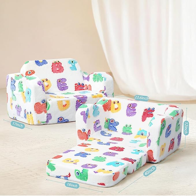 MeMoreCool Glow Alphabet Toddler Sofa Bed – 2-in-1 Foldable Foam Chair for Kids Light-Up Letters, Soft Supportive Foam, Machine-Washable Cover, Great for Boys and Girls