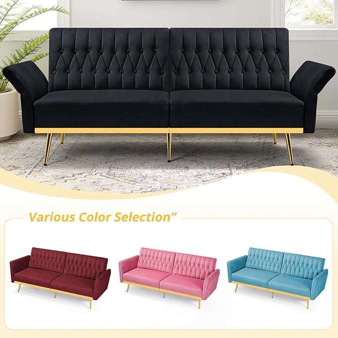 ACMEASE 70” Velvet Futon Sofa Bed with 2 Pillows and Adjustable Armrests, Convertible Sleeper Bed W/Adjustable Backrests, Modern Loveseat for Living Room, Bedroom, Black