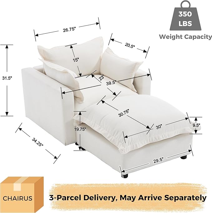 chairus 39.5" Chaise Lounge Chair Indoor with Ottoman, Upholstered Single Sofa Couch Chair Oversized Linen Reading Armchair for Living Room, Bedroom, Reception Room, Apartment, White