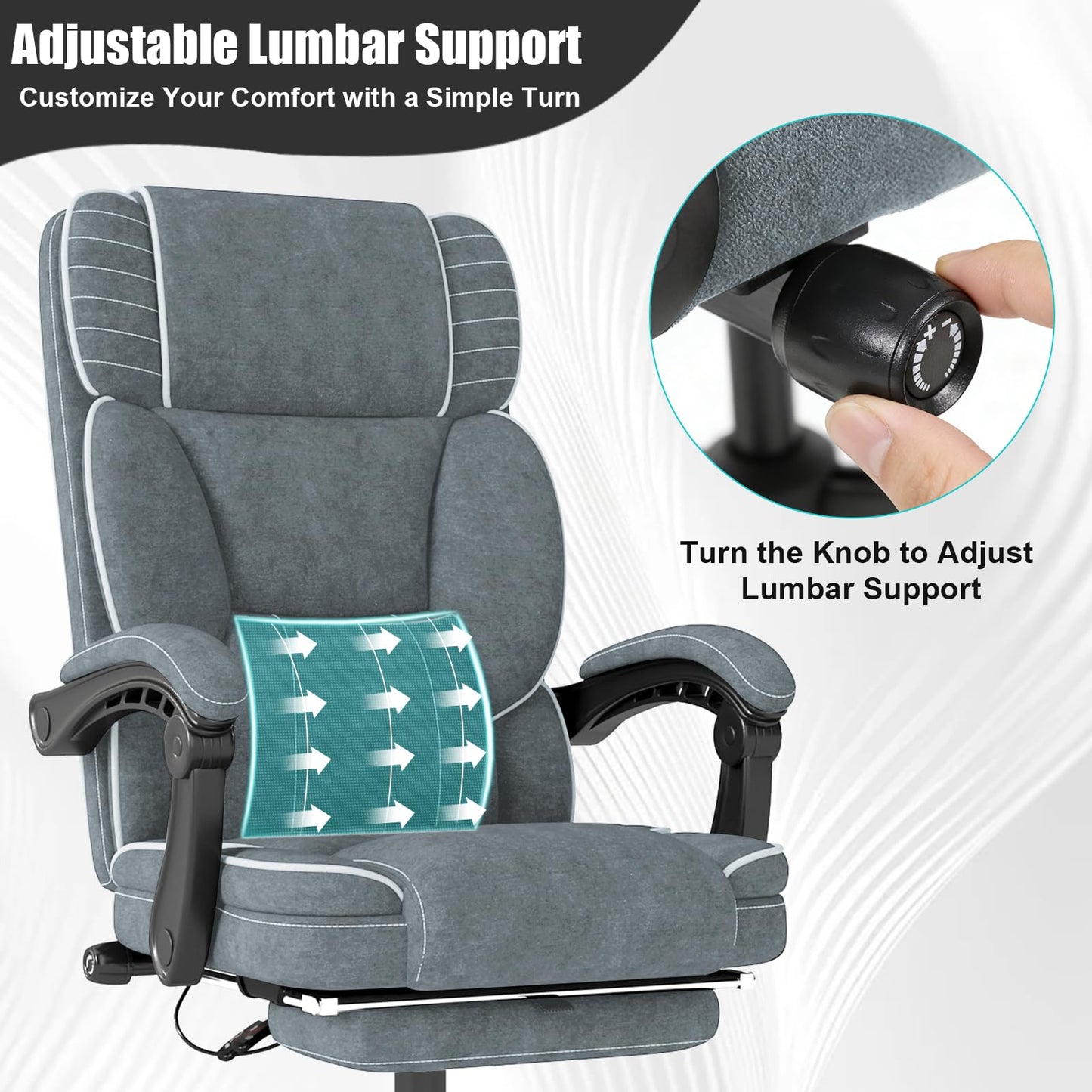 Executive Office Chair with Footrest, Ergonomic Reclining Computer Desk Chair with Adjustable Lumbar Support, 360° Swivel, Breathable Fabric, 400lbs Capacity for Home & Office