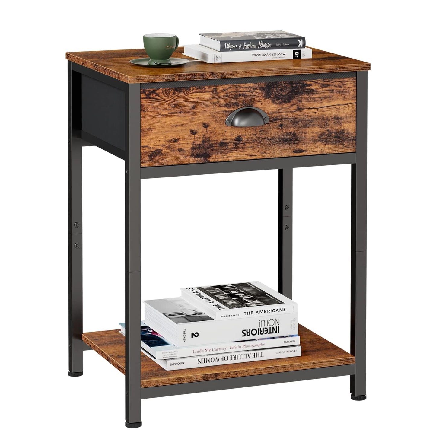 Furologee End Table with Storage Shelf and Fabric Drawer, 2 Tiers Industrial Nightstand, Bedside Table Organizer for Living Room Bedroom, Rustic Brown, Easy Assembly