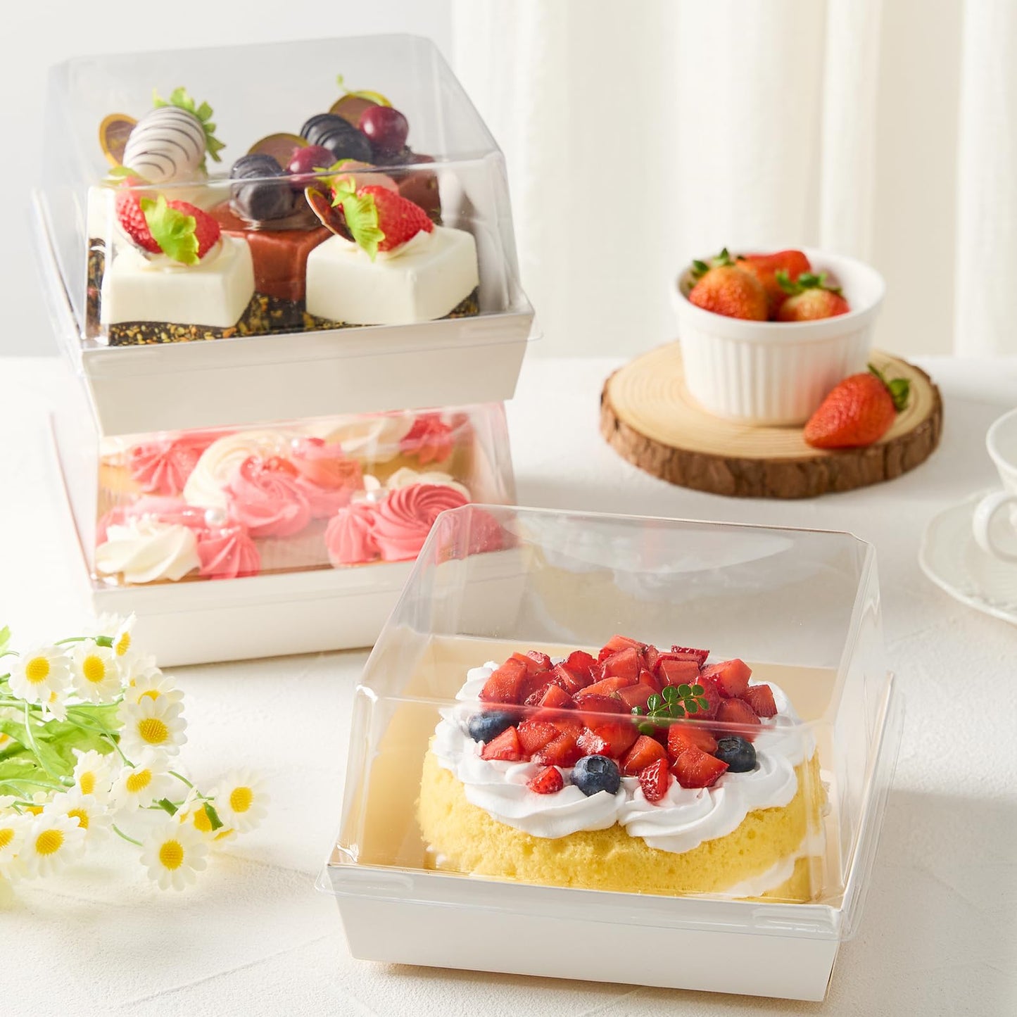 Kucoele 7 x 7 x 4 Inches White Paper Cake Boxes with Clear Lids, 20 Pack Square Charcuterie Boxes Disposable To Go Food Containers for 4-6 Inch Cake, Jumbo Cupcakes, Bakeries