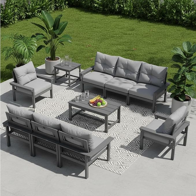 HDPE 10 Piece Outdoor Patio Furniture Set, All-Weather Outdoor Couch Bistro Set with Hick Cushions & Table, Patio Conversation Sets for Lawn, Garden, Porch, Balcony, Deck, Poolside, Grey