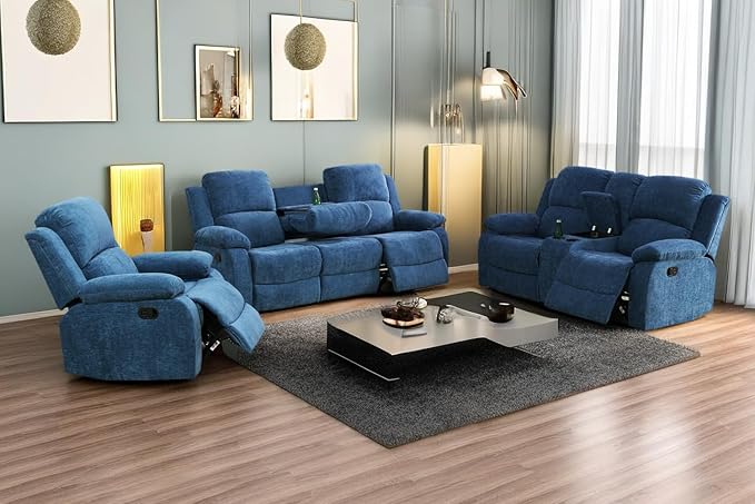 A Ainehome Living Room Furniture Set Recliner Sofa Set Loveseat Chair Furniture Sofa Set for Living Room/Small Space/Rv/House/Office/Theater Seating (A-Blue Microfiber, 3 Piece Set)