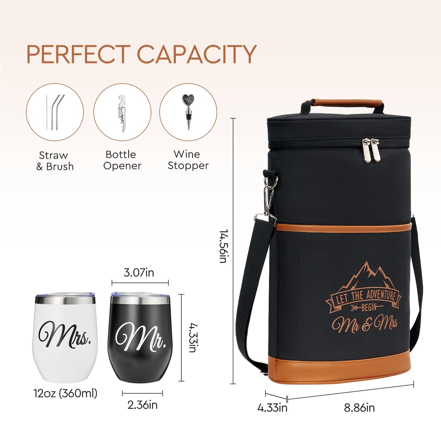AW BRIDAL Wedding Gifts for Bride Groom, Mr and Mrs Wine Gift Basket for Engagement Bachelorette Party, Anniversary Insulated Wine Cooler Bag Tumblers with Accessories Set for Honeymoon Beach Travel