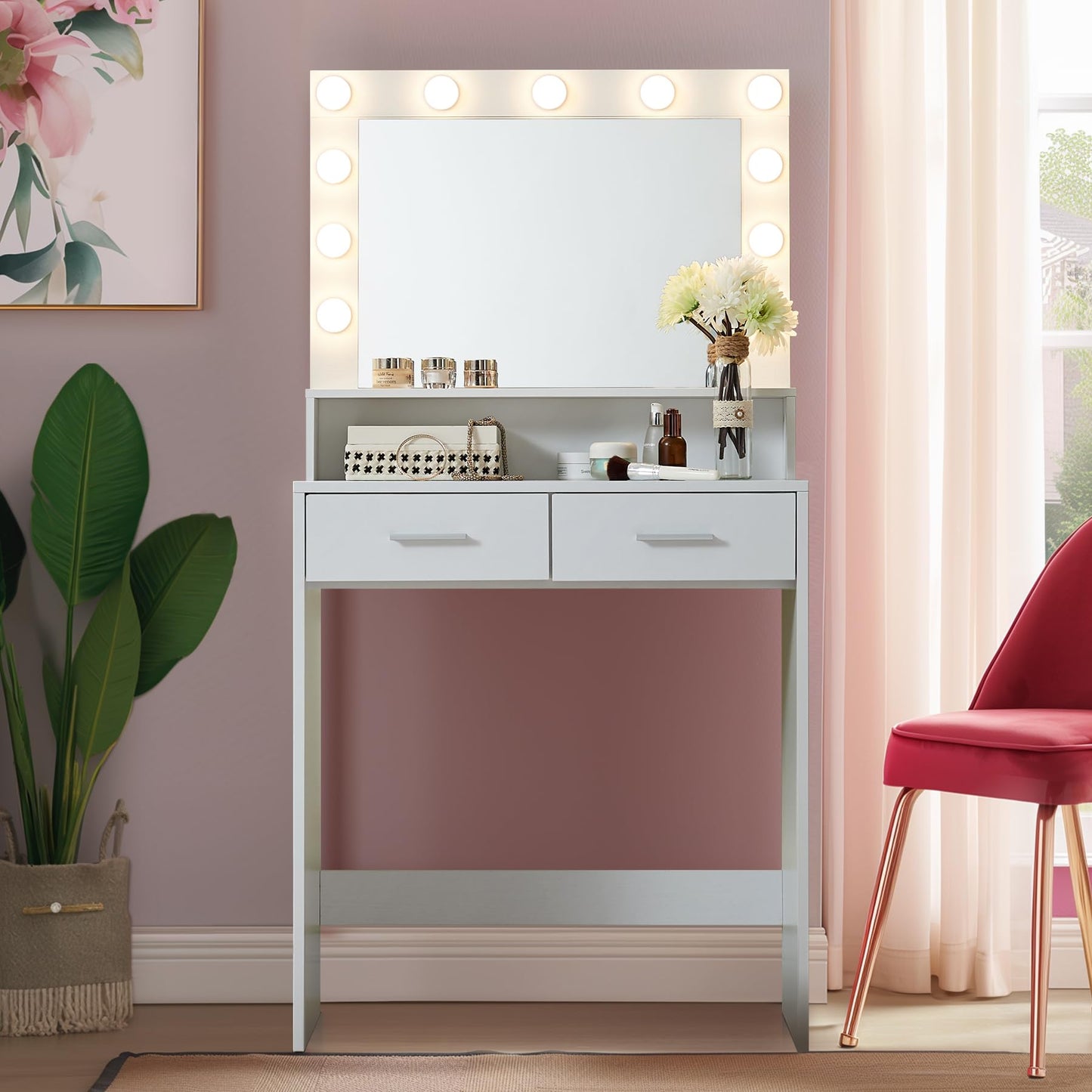 MIRROTOWEL Vanity Desk with Mirror and Lights, Dressing Table with Large Drawer, 2 Level Storage Dresser & 3 Lighting Modes Adjustable Brightness, Suitable for Bedroom