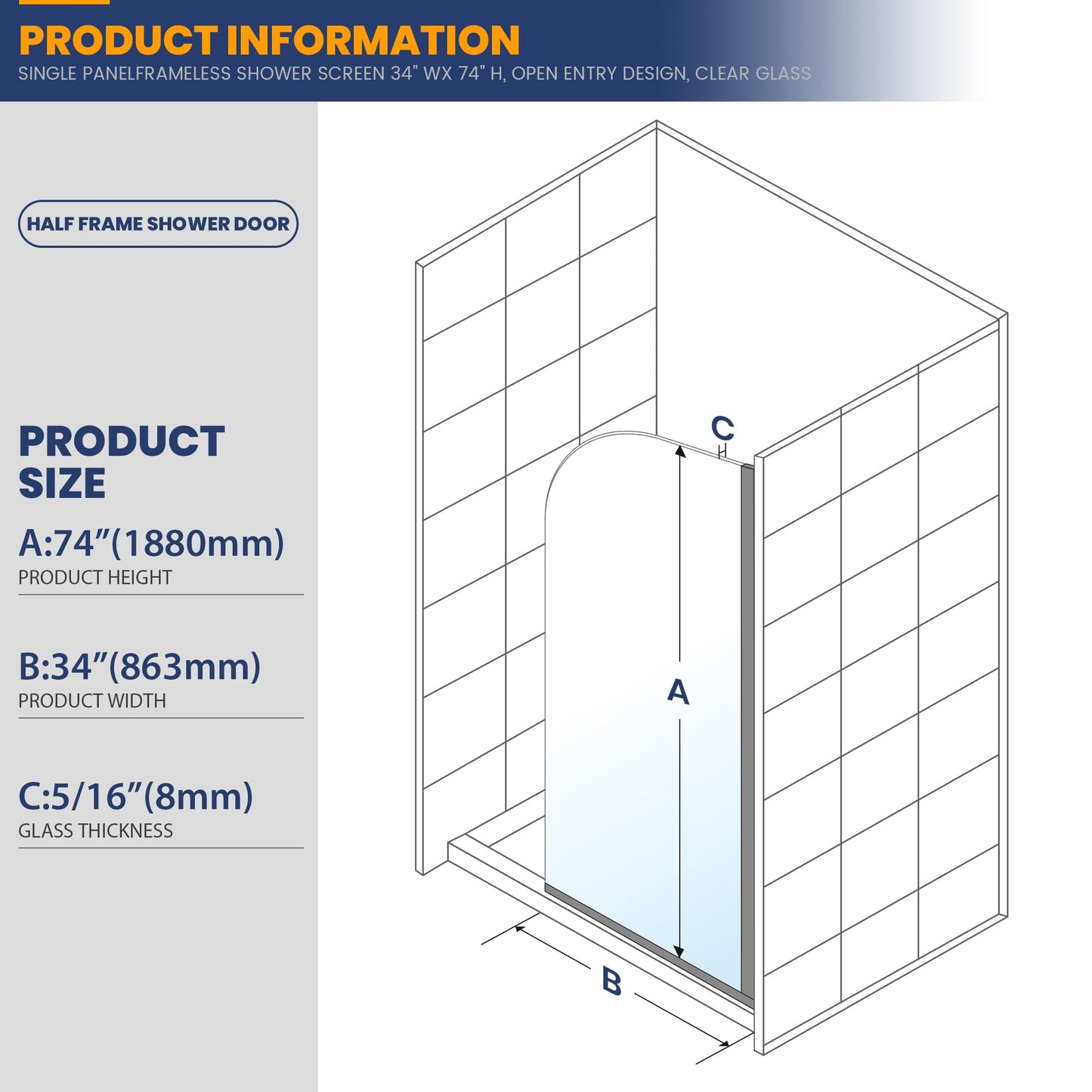 Glass Shower Panel, 34" W x 74" H Semi-Framed Fixed Shower Glass Panel in Brushed Gold with 5/16"(8mm) Clear Tempered Glass Door, Simple Shower Door Panel for Bathroom