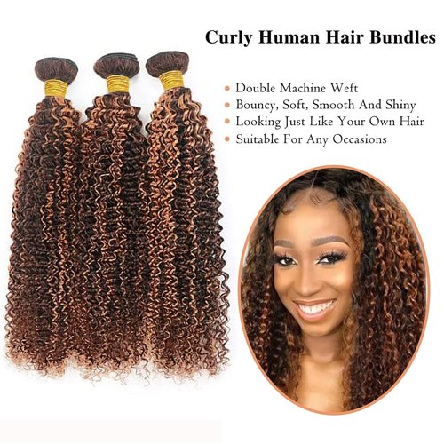 Giginger Jerry Curly Human Hair Bundles 16 18 20 Inch Brazilian Chocolate Brown Highlight P4/30 Jerry Curly Bundles Human Hair 100% Unprocessed Raw Quick Weave Hair for Black Women