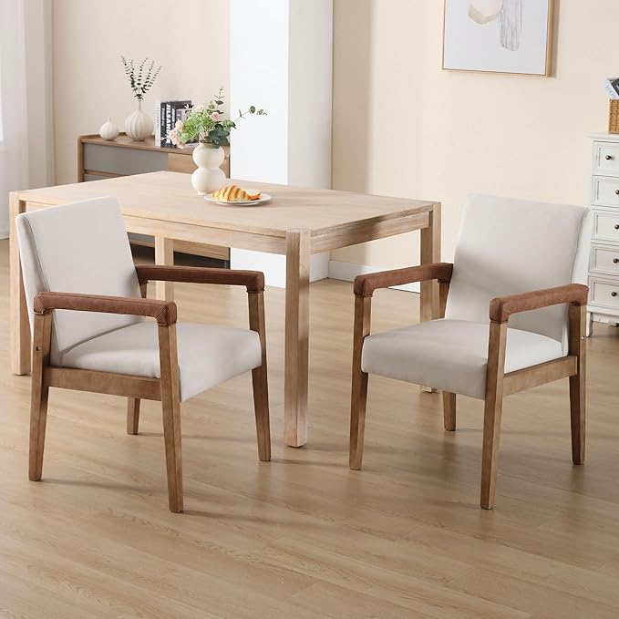 DM Furniture Mid Century Modern Dining Chairs Set of 2 Linen Fabric Upholstered Accent Chairs Comfy Kitchen Chairs with Solid Wood Frame Armchair for Living Room, Ivory