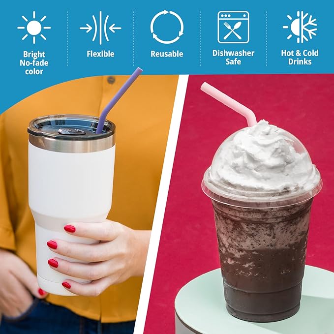 8 Reusable Silicone Smoothie Straws and Cleaning Brush, 30 Ounce - 20 Ounce Tumblers Compatible, Dishwasher Safe, Extra Long Straw - Flexible and Yeti/RTIC Tumbler Compatible