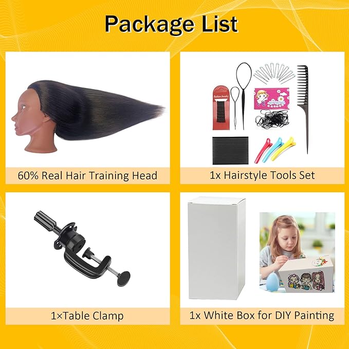 Mannequin Head Human Hair for Cosmetology, Manikin Head with 80% Real Hair for Styling Doll Head Braiding Practice Black Mannequin Heads Hairdresser Hairstylist Kids with Free Clamp Holder