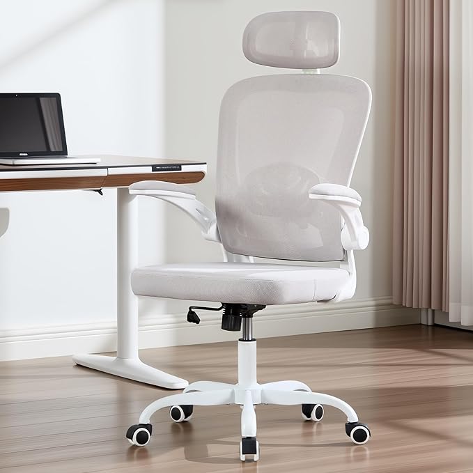 Rishtivin Ergonomic Office Chair with 3D Adjustable Lumbar Support, Mesh High Back, 75° Rotating Headrest, Rocking Function, 300lbs Capacity, Black/White (White)