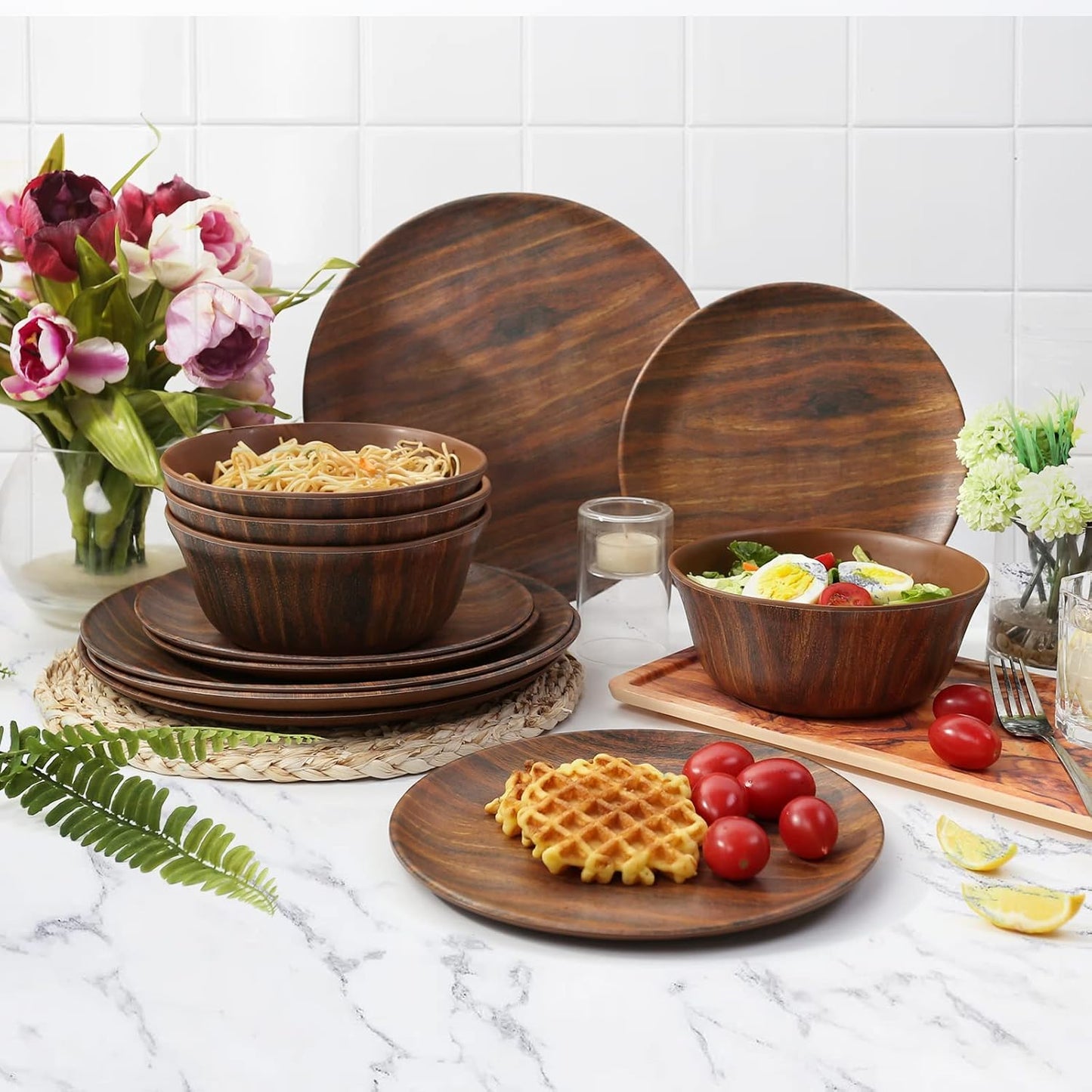 TP 12-Piece Dinnerware Set, Melamine Dishes Set with Bowls and Plates, Non-breakable and Lightweight Dinner Service for 4, Wood Grain