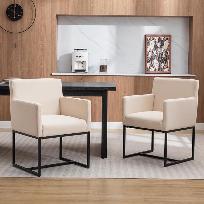 BESTANO Linen Upholstered Dining Chairs with Arms Set of 2 Mid Century Modern Accent Chairs Armchairs with Black Metal Frame, Modern Kitchen & Dining Room Chairs, Cream
