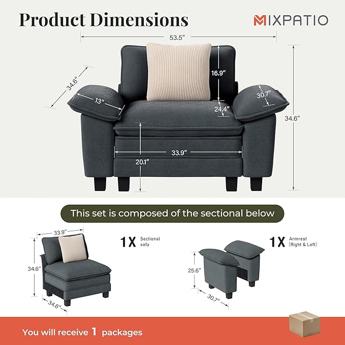 MIXPATIO 53.5" Cloud Modular Sectional Single Sofa, Deep Seat Armchair with Plush Chenille & Removable Arms for Living Room, Cyan