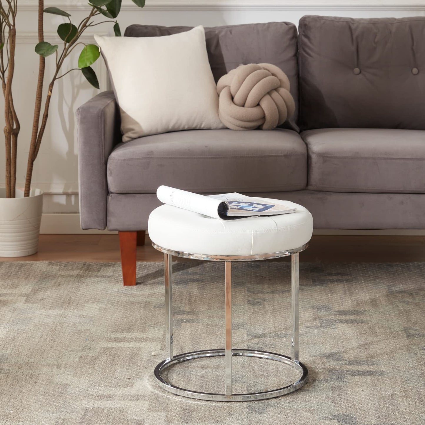 DUHOME Faux Leather Ottoman Stool, Vanity Chair Button Tufted Footrest Stool Makeup Stool with Metal Base for Living Room Bedroom, White