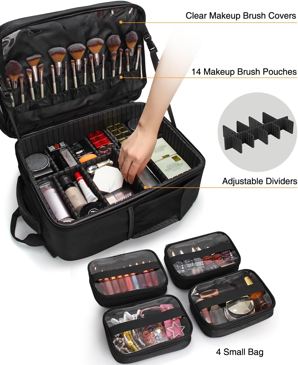 Makeup Backpack Makeup Artist Bag Professional Extra Large Cosmetic Bag Travel Train Case Storage Organizer Double-Layer Large Capacity Cosmetic Case with 4 Pouch(Black)