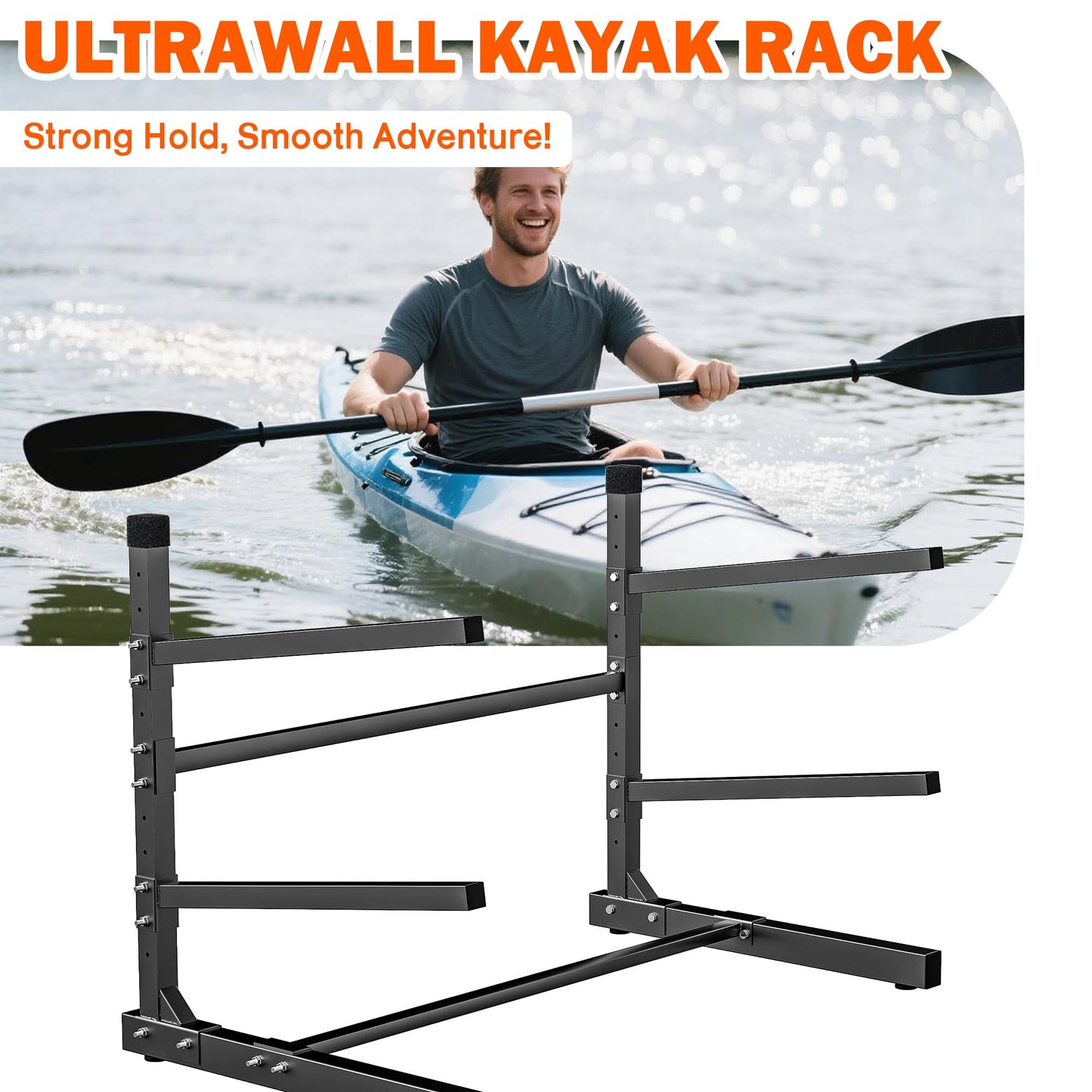 Ultrawall Kayak Storage Rack, Freestanding Kayak Rack for Garage, Adjustable Kayak Stand, Heavy Duty Paddle Board Rack for Kayak, Canoe, Surfboard, 320lbs Capacity, Indoor & Outdoor Use, 2 Levels