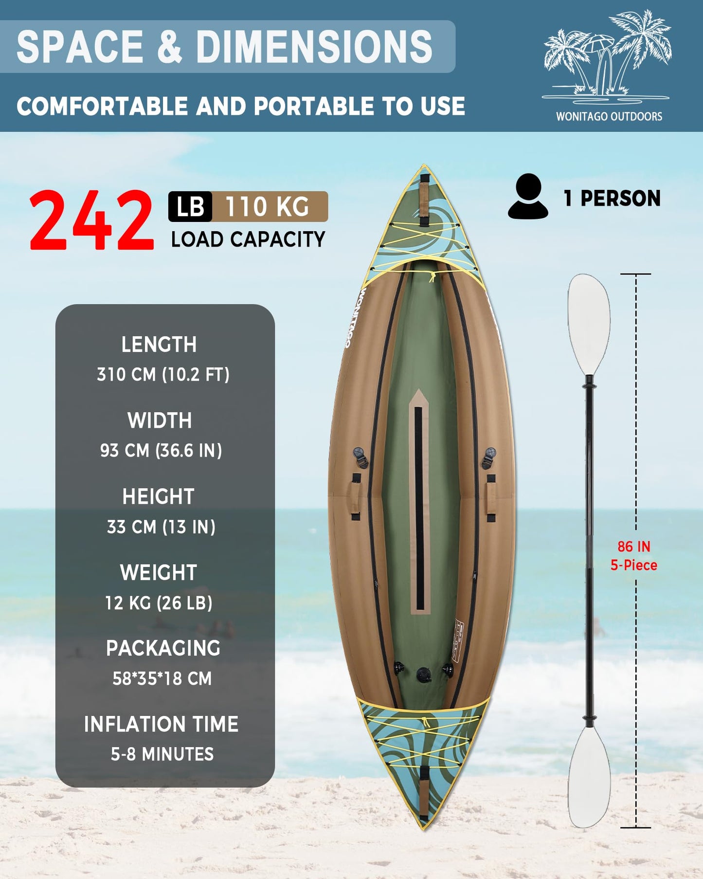 WONITAGO Inflatable Kayak, Recreational Touring Kayak with Adjustable Kayak Paddle, Hand Pump and Carrying Bag, 1 Person, Brown