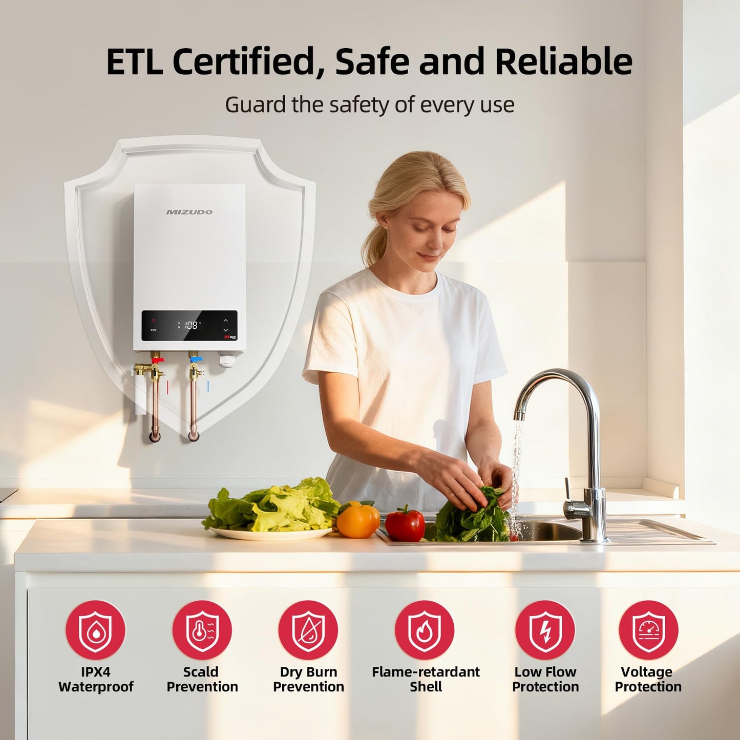 11kW Tankless Water Heater Electric, MIZUDO 240 Volt Instant Hot Water Heater, Suitable for Single-Point Use in a Small Apartment, LED Display, ETL Certified, Ideal for Showering