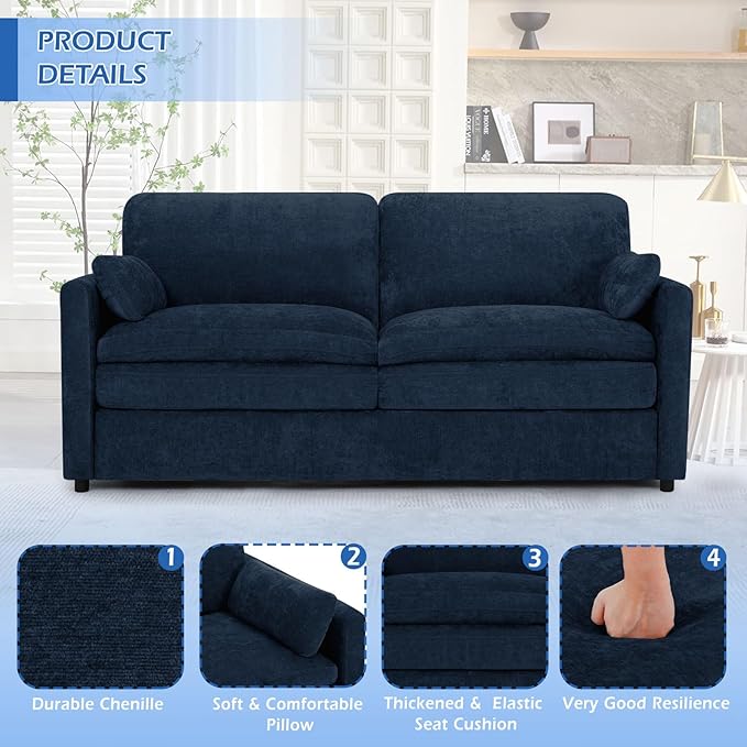 ACMEASE 69” Chenille Loveseat Sofa w/Arm Pillows, Upholstered 2-Seater Sofa w/Comfortable Back Cushions, Modern 2 Seats Couch w/High-Density Foam for Living Room, Apartment, Office, Blue