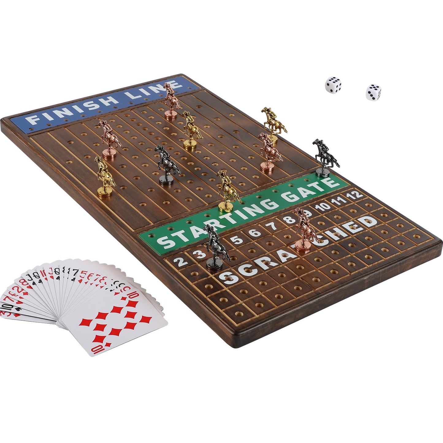 COMSREV Large 21 inches Horse Racing Board Game Thickened Solid Wood with 11 Luxurious Durable Classic Metal Horses Including Dice and Cards Finish LINE Race Game Set (Large, Burning)