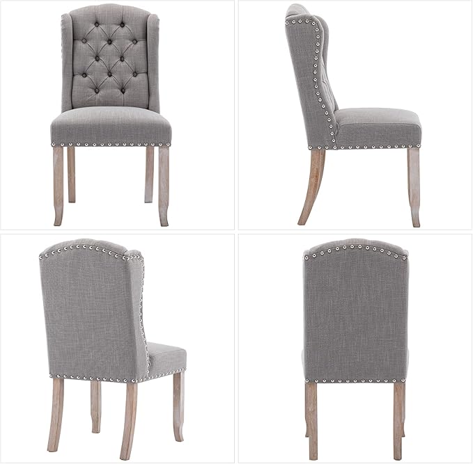 DUOMAY Modern Tufted Dining Chairs Set of 2, Linen Upholstered Dining Room Chairs Armless Guest Side Chair for Kitchen Dining Room, Wingback Accent Chairs with Solid Wood, Grey