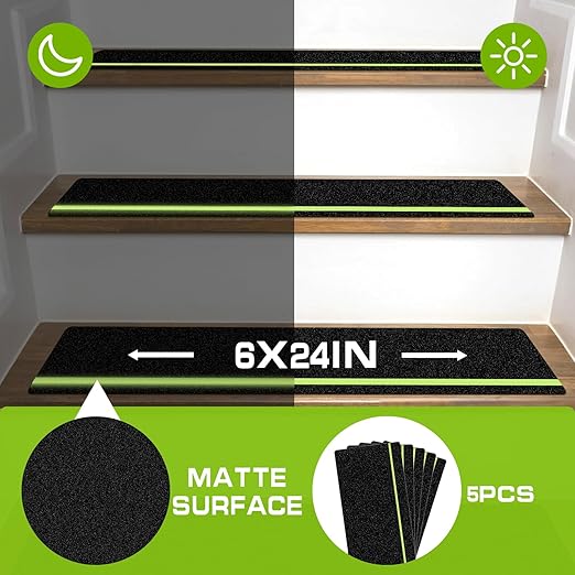LadyRosian Outdoor Stair Treads Non Slip 15-Pack Black Glow 6" x 24" - Weather Resistant Adhesive Heavy Grip Tape - Waterproof Anti Skid Strips- Glow in The Dark 80-Grit Adhesive Treads
