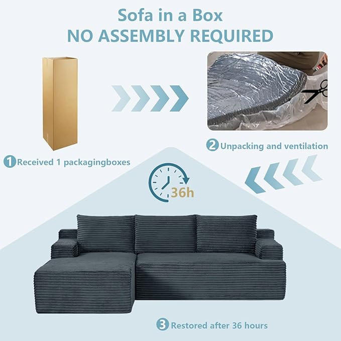 96" Cloud Sectional Couch with L-Shape Chaise, Modern Corduroy Boneless Couch for Living Room,Memory Foam Sofa with Deep Seat,No Assembly Required (Dark Gray,Left-Facing Chaise)