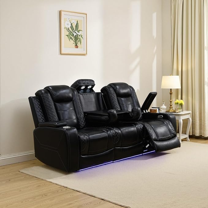 Caberryne Power Recliner Sofa with LED Lights,Leather Reclining Couch with Double Recliner/USB Port/Coffee Table/Cup Holder for House/Home Theater(3 Seater Sofa,Black)