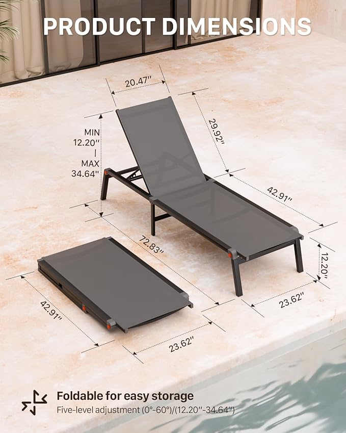 WOAJNQO Aluminum Patio Chaise Lounge Chair Set of 2 with Side Table,5-Position Adjustable Backrest,Foldable Lounge Chair Outdoor,Pool Lounge Chairs for Poolside,Lawn,Deck,Beach (Grey, 2 Pack+Table)
