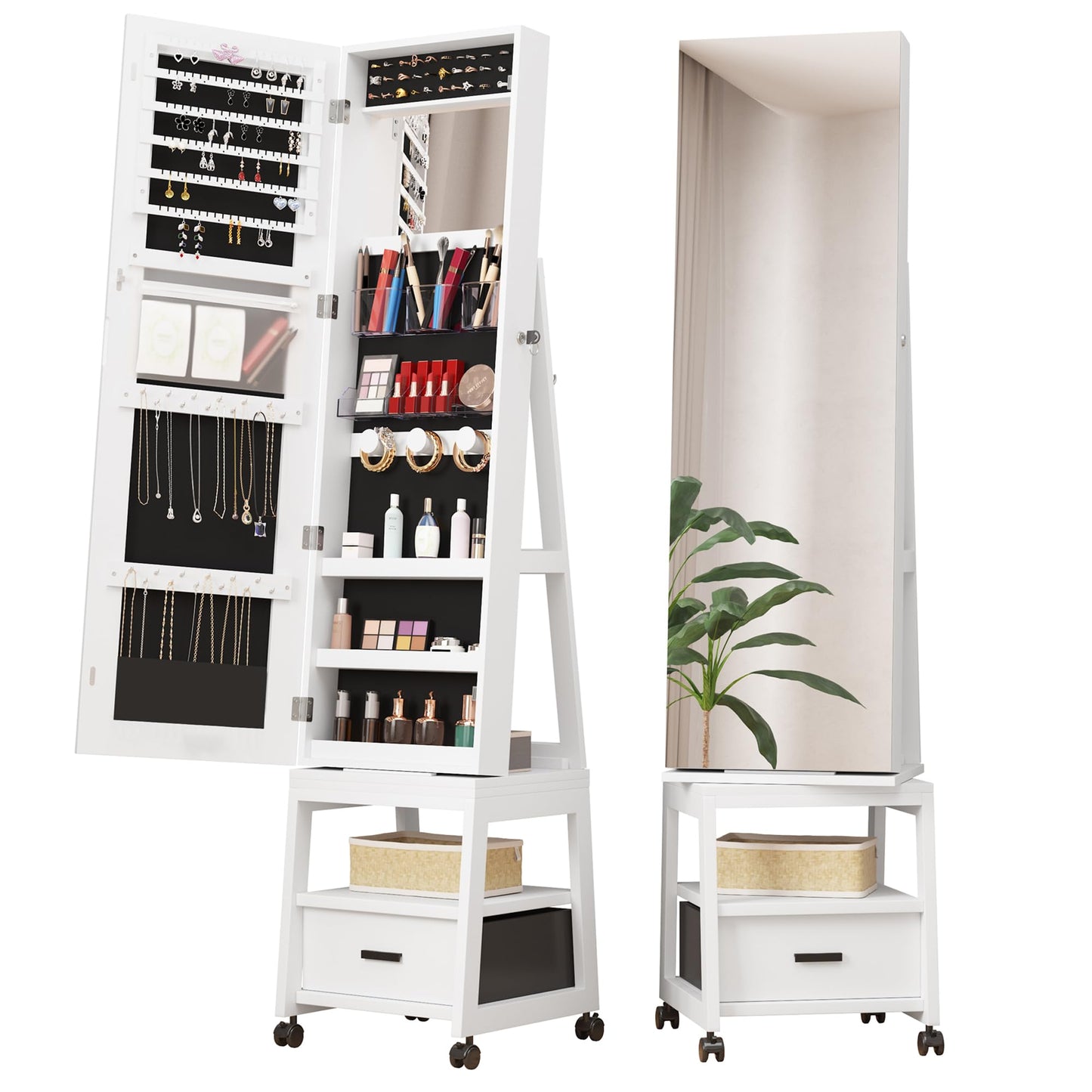 GAOMON 66" H Jewelry Armoire with Full Length Mirror, 360° Rotating Jewelry Cabinet, Inside Makeup Mirror, Standing Lockable Cabinet Organizer, Large Capacity, Rear Storage Shelves, Drawer, Wheels