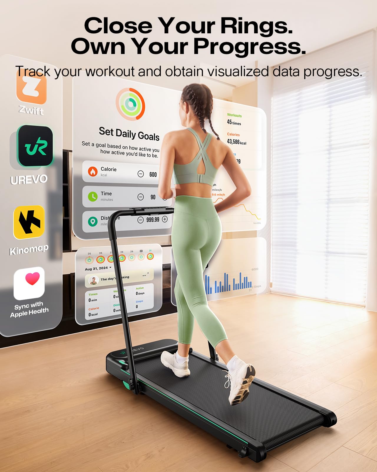 UREVO Strol 2E Smart 2-in-1 Folding Treadmill, Compact Walking Pad with Safety Handle, Plug and Play, Dual LED Display, Workout APP, Walking or Running for Home Office, Remote Included, Flaxen