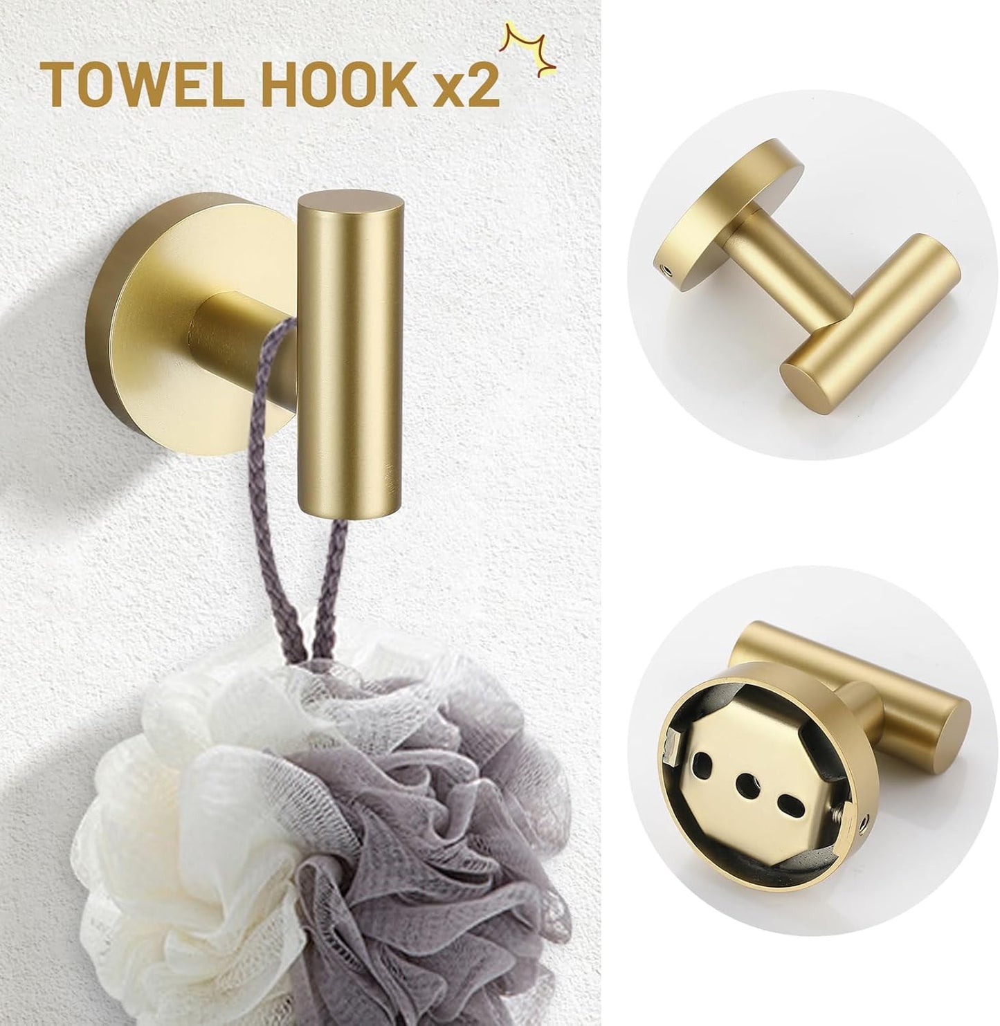 TURS Brushed Gold 5 Piece Bathroom Hardware Set, SUS304 Stainless Steel Bath Towel Bar Set, 23.6 Inch Round Bathroom Accessories Kit Wall Mounted