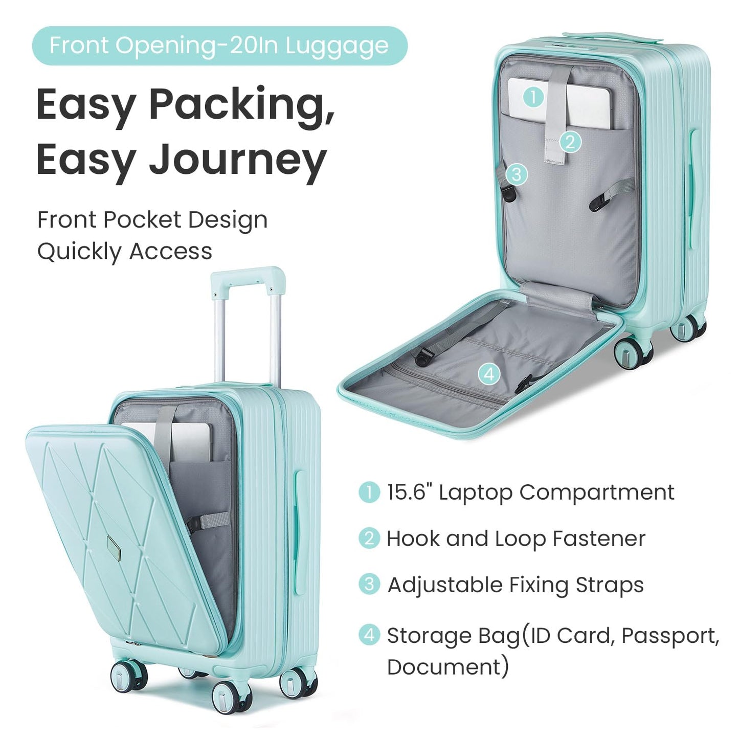TRAVELEO 3 Piece Luggage Set 100% PC Hardshell, Front Opening Expandable Suitcase (20/24/28) with Laptop Compartment & Free Custom PVC Covers, Trunk Style Lightweight Spinner Wheels TSA Lock