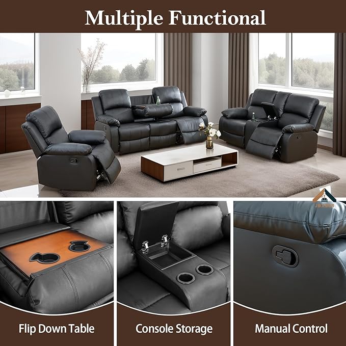 JBXBER Manual Recliner Sofa Set for Living Room, Leather Reclining Sofa Sets, Faux Leather Couch Set with Cup Holders, Drop-Down Table and Storage Console(3 Piece Set,Black)
