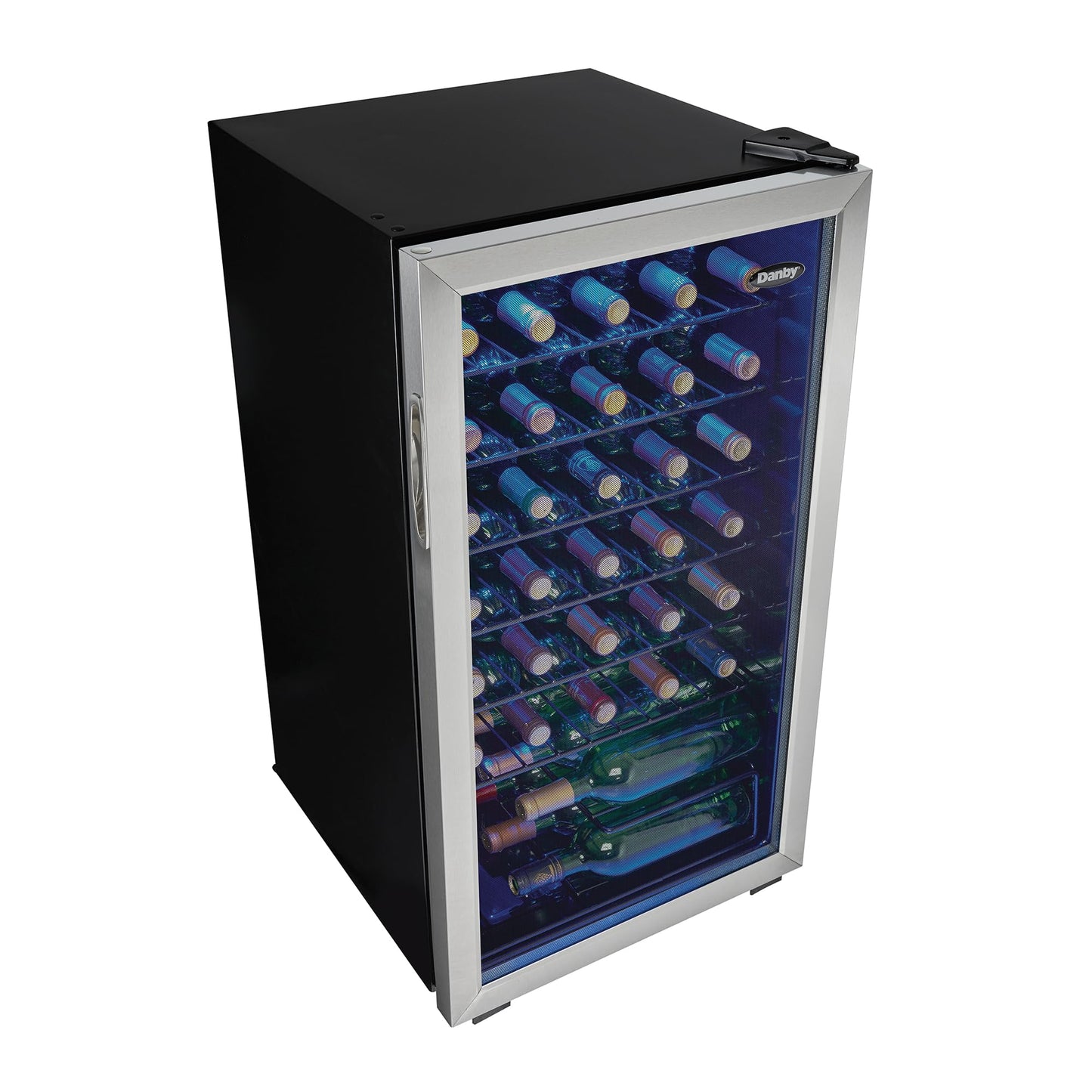Danby DWC036A1BSSDB-6 3.3 Cu. Ft. Free Standing Wine Cooler, Holds 36 Bottles, Single Zone Fridge With Glass Door - Chiller for Kitchen, Home Bar, Black/Grey