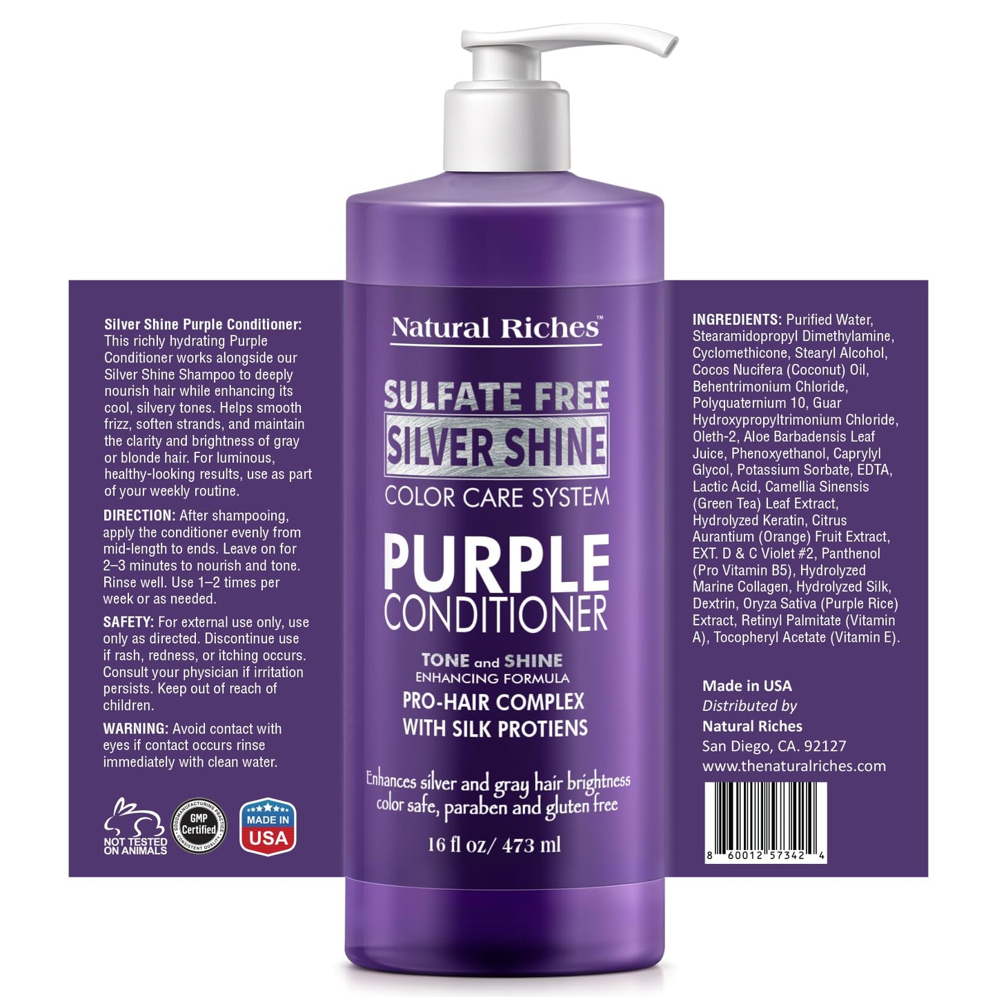 Natural Riches Radiant Silver Shine Purple Shampoo and Conditioner Set for Gray Hair - Paraben-Free and Color Safe - With Silk P