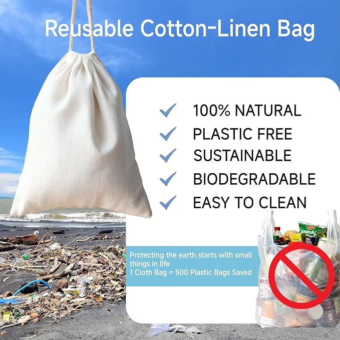 Simple&Opulence 12-Pack 5” x 7” Linen Cotton Drawstring Bags Reusable Grocery Sacks, DIY Craft Sachet Sacks Storage Cloth Bags for Party Wedding Home Bulk Produce Bags, Washable, White