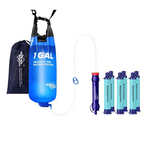 Membrane Solutions 1 Gallon Gravity Water Filter with 6 Pack Blue Water Filter Straw